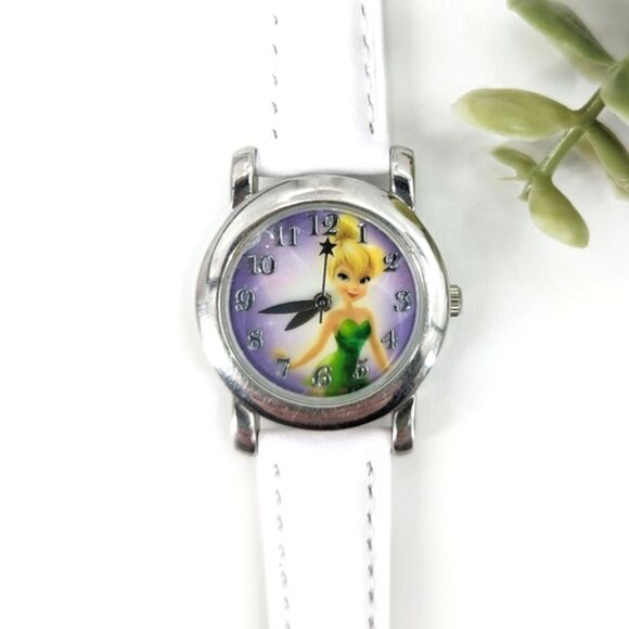 Disney Tinkerbell Watch Silver Purple New White Leather Band - Picture 1 of 4